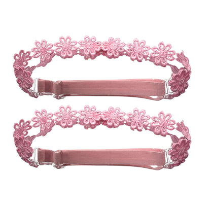 Pink Flower Bow Leg Garters with Adjustable Pink Elastic straps on white background showing the straps