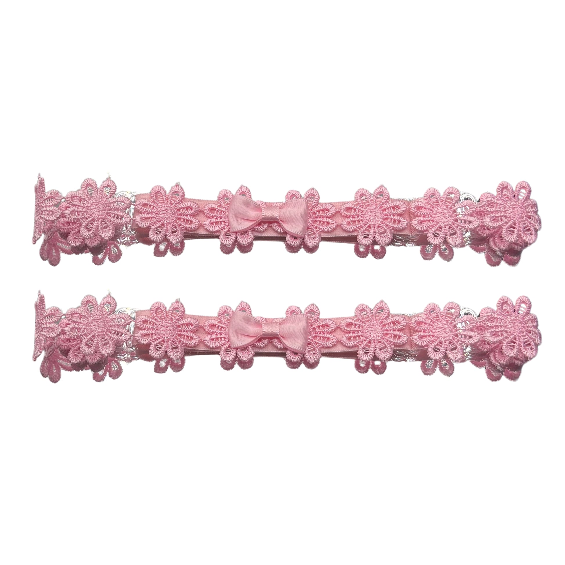 Pink Flower Bow Leg Garters with Adjustable Pink Elastic straps on white background
