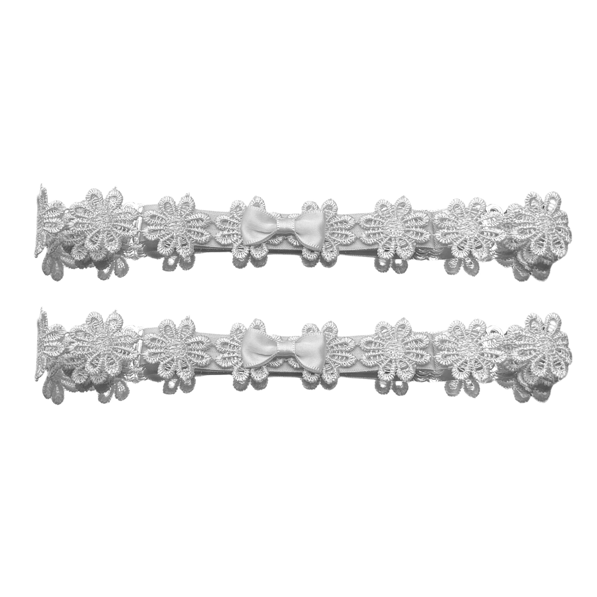 Blossom White Leg Garters with White Bows on White Background