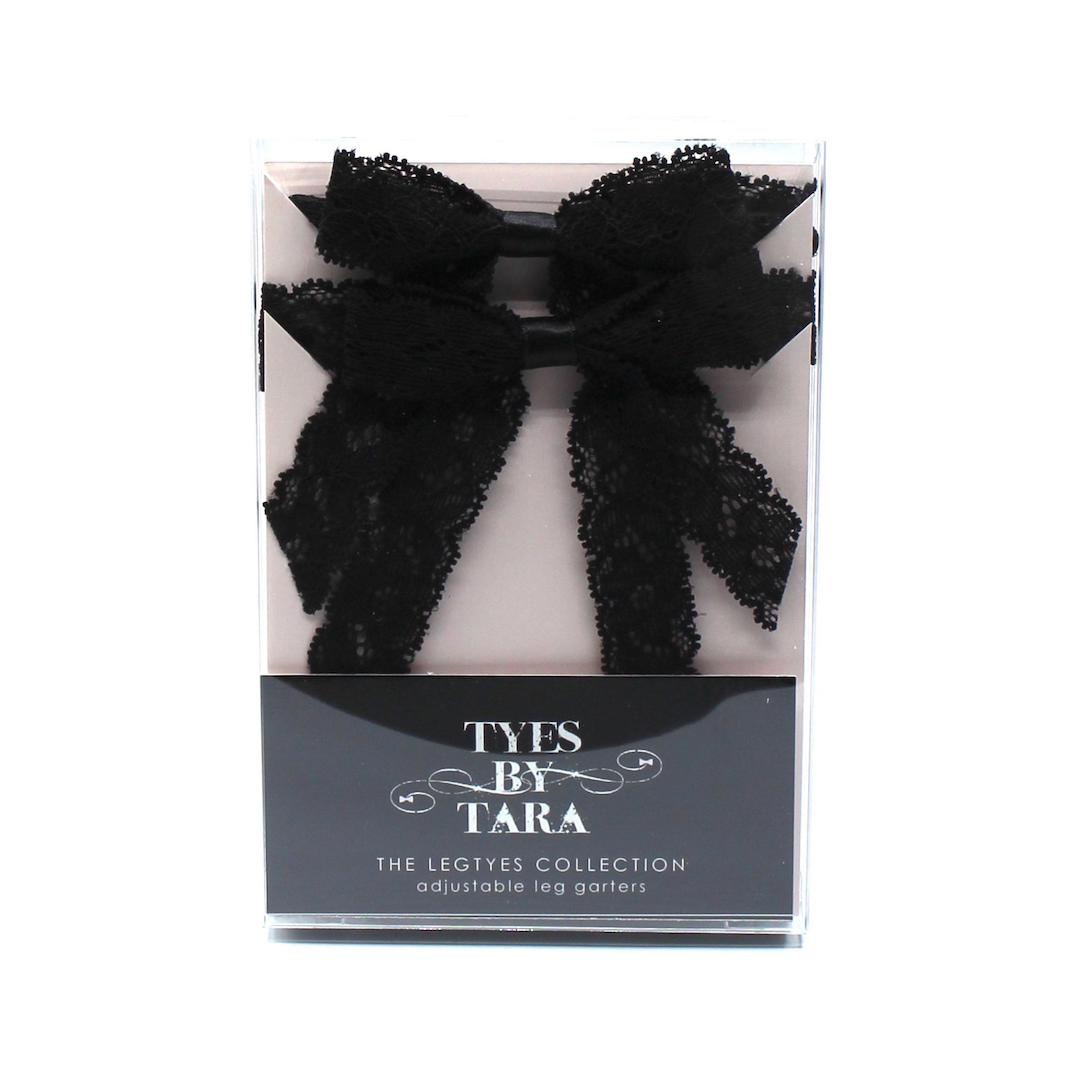 Black Lace Leg Garters with Bow and Adjustable Strap Packaging View
