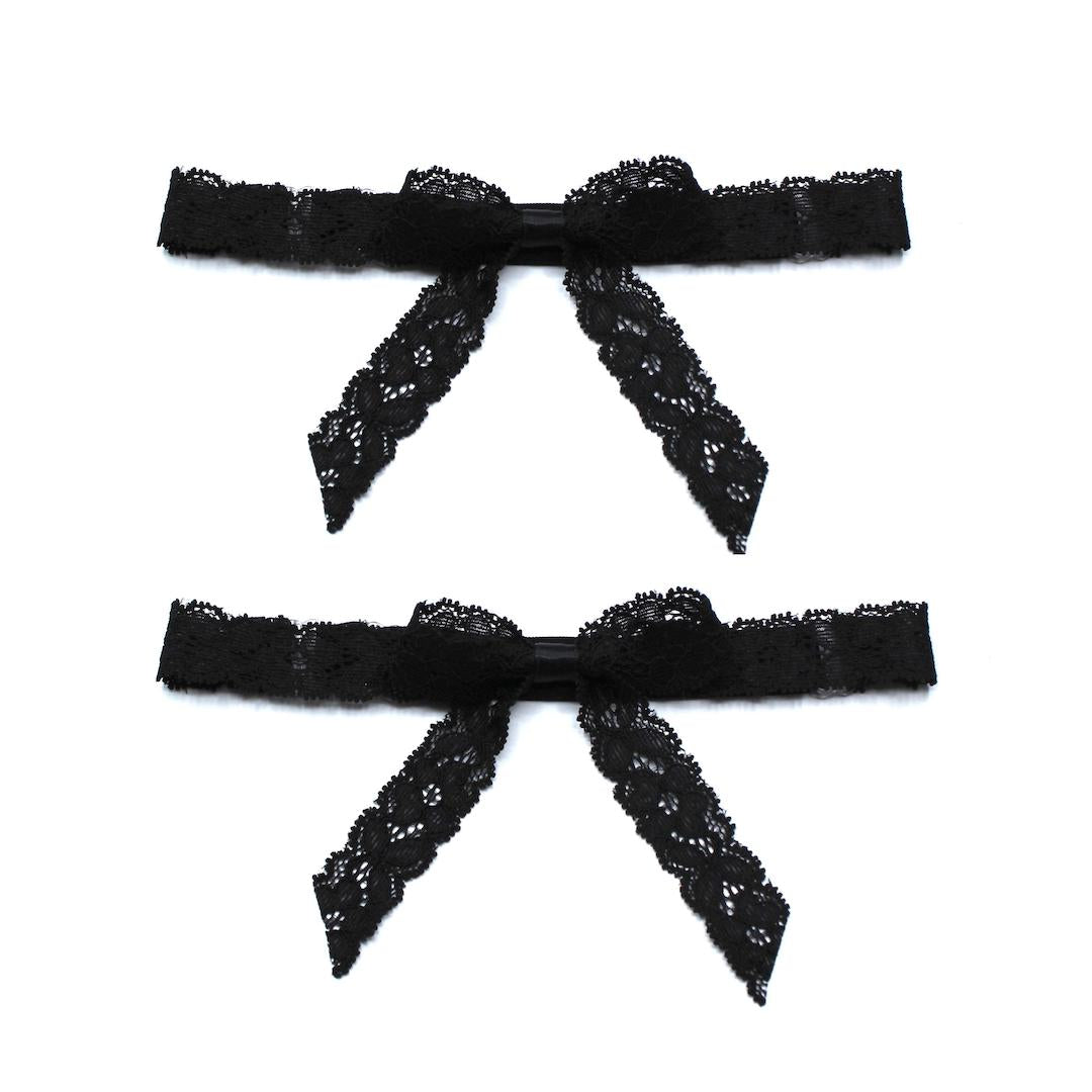 bougee black lace bow leg garters on white background
