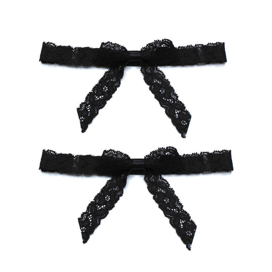 bougee black lace bow leg garters on white background