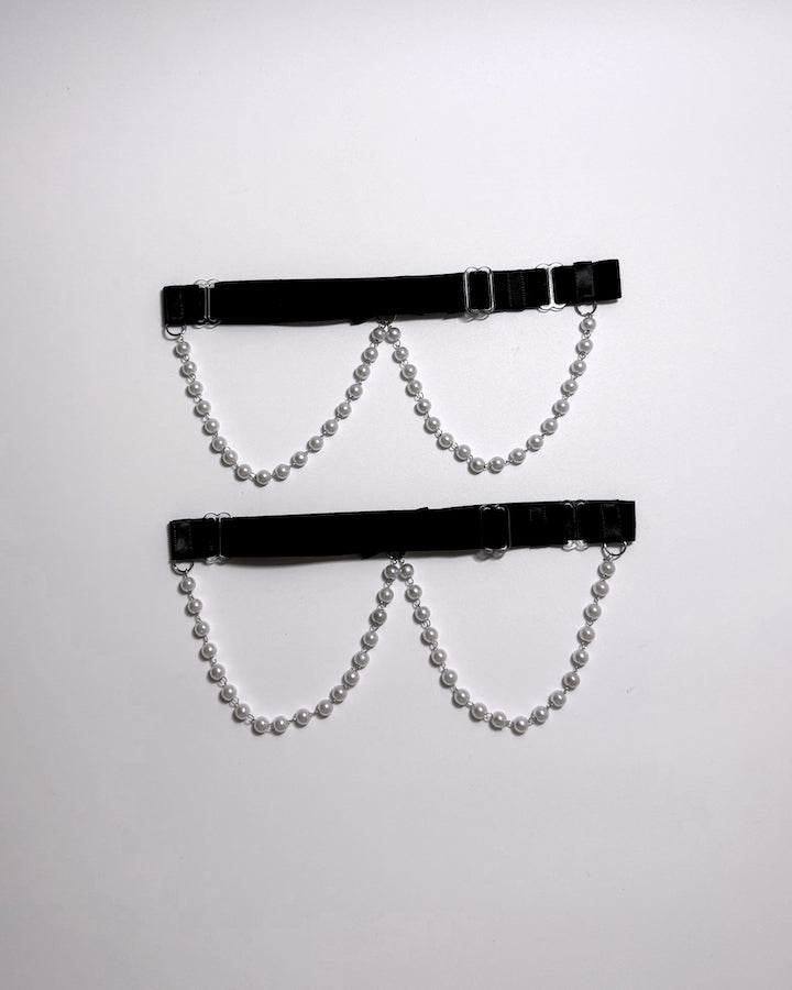 Back View of Centerfold Pearl Leg Garters showing the adjustable strap