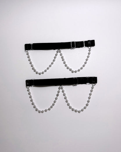 Back View of Centerfold Pearl Leg Garters showing the adjustable strap