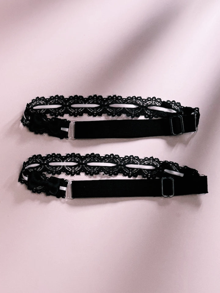 Back View of Adjustable Strap in Black Pink Lace Leg Garters