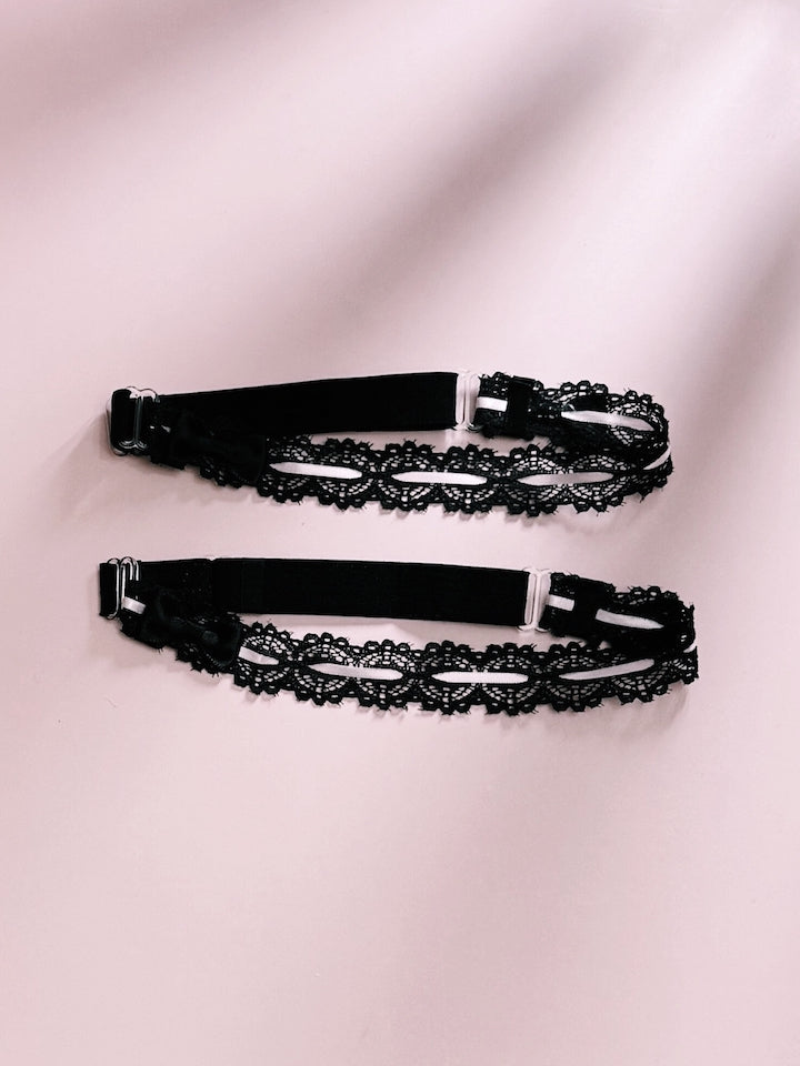 Side View of Chantilly Black Pink Lace Leg Garters