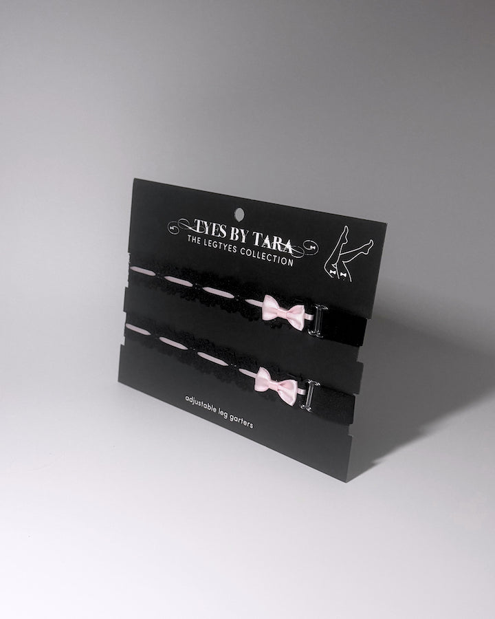 Chantilly Black Pink Lace Bow Leg Garters on Black Card