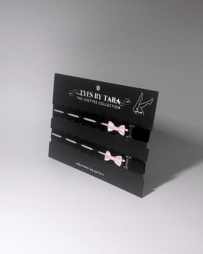 Chantilly Black Pink Lace Bow Leg Garters on Black Card