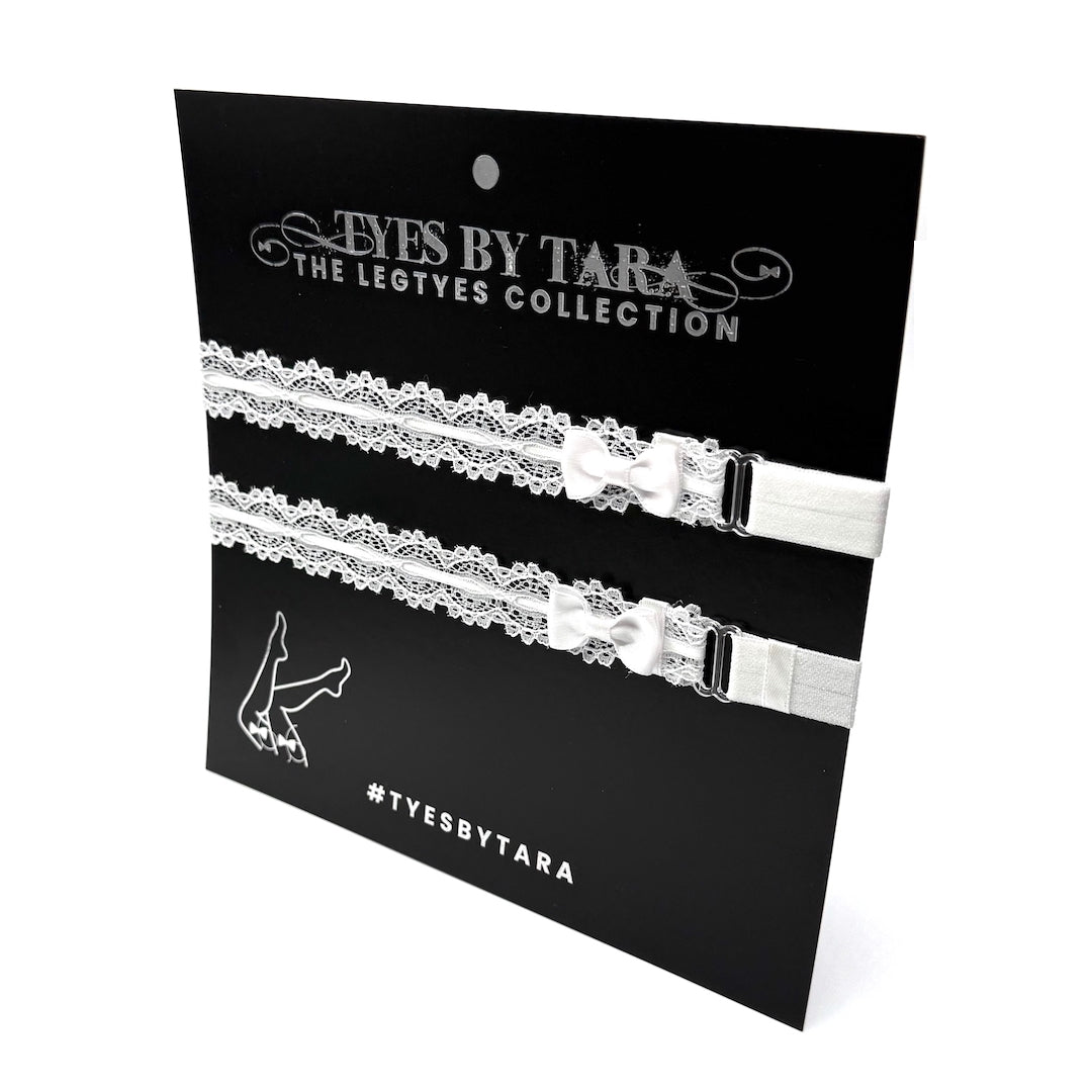 Chantilly White Lace Leg Garters on Black Card