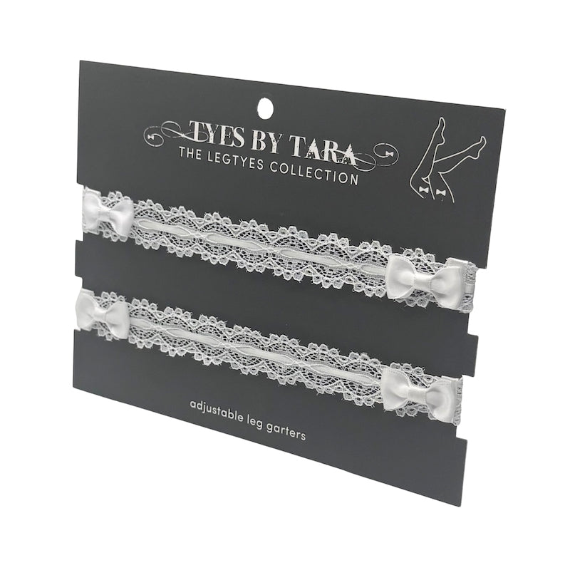 Chantilly White Lace Bow Leg Garters on Black Card
