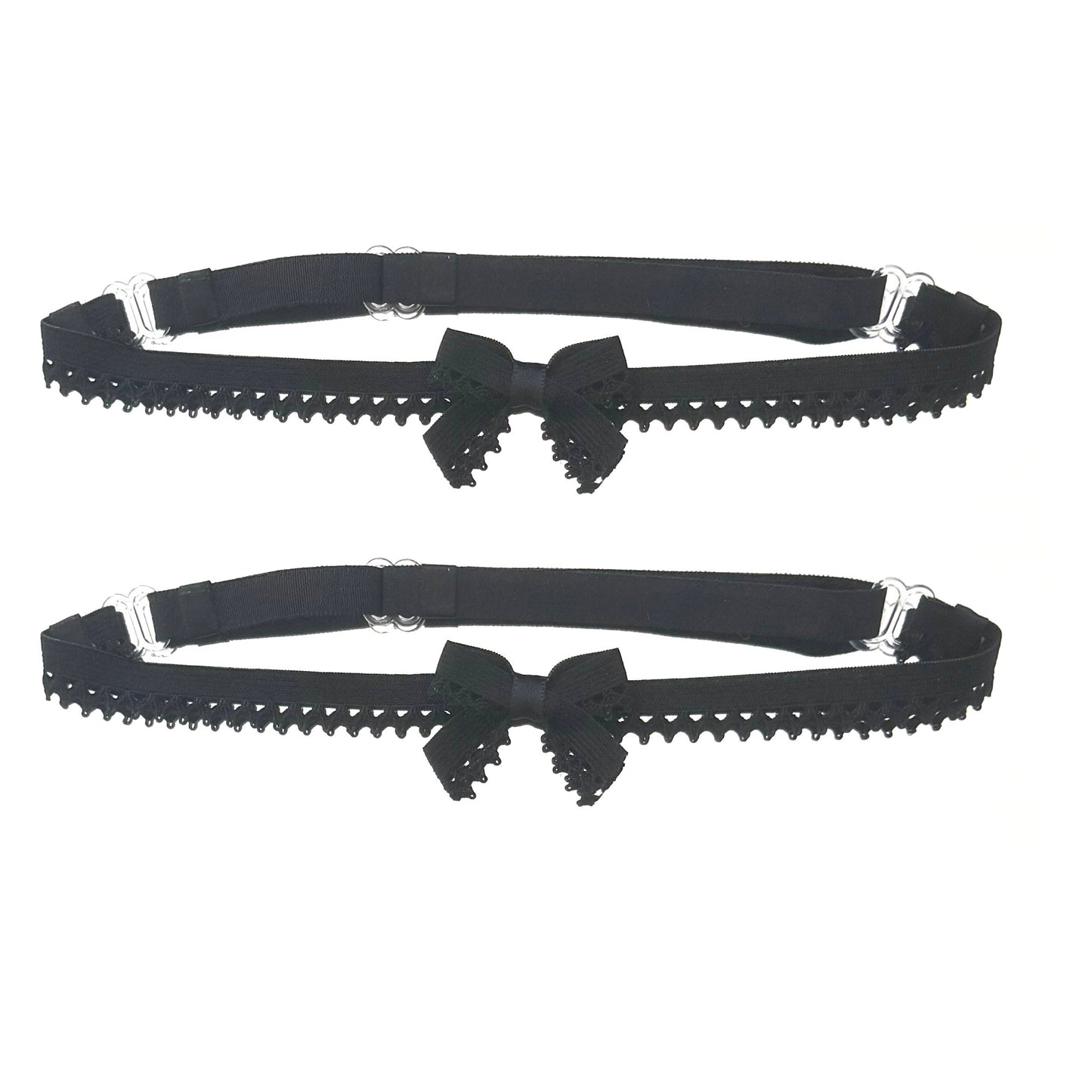 Two black adjustable garters with bow details on a white background