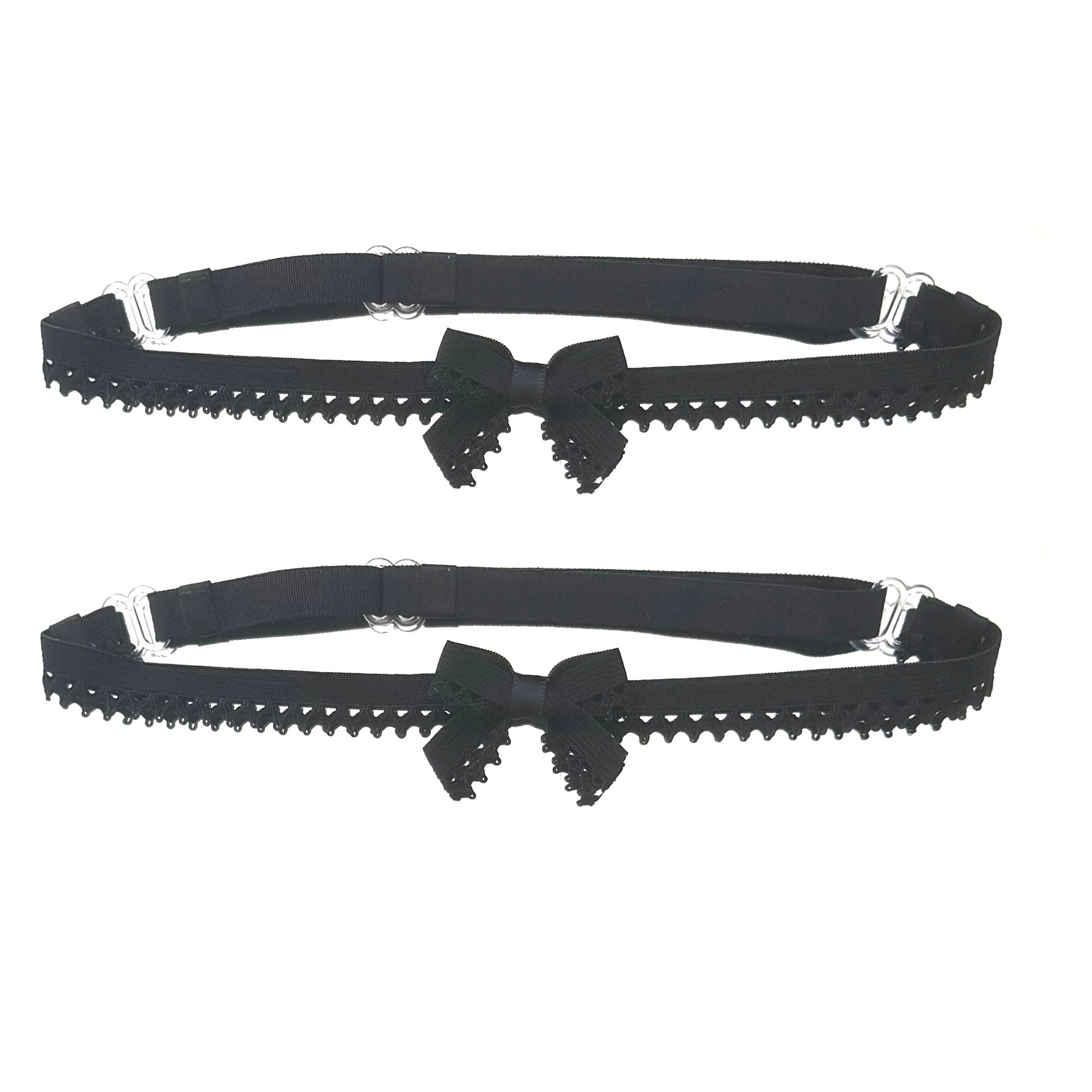 Two black adjustable garters with bow details on a white background