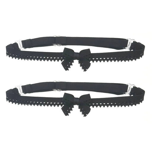 Two black adjustable garters with bow details on a white background