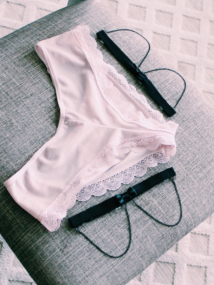 Heartbreaker Black Chain Leg Garters with Pink Lingerie 