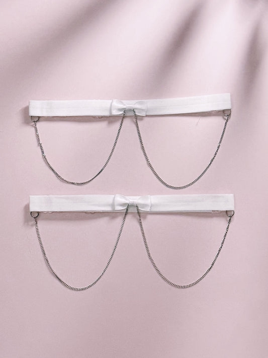 Heartbreaker White Bow Leg Garters with Silver Chain