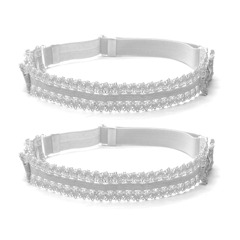 Lady White Bow Leg Garters  showing the adjustable elastic straps