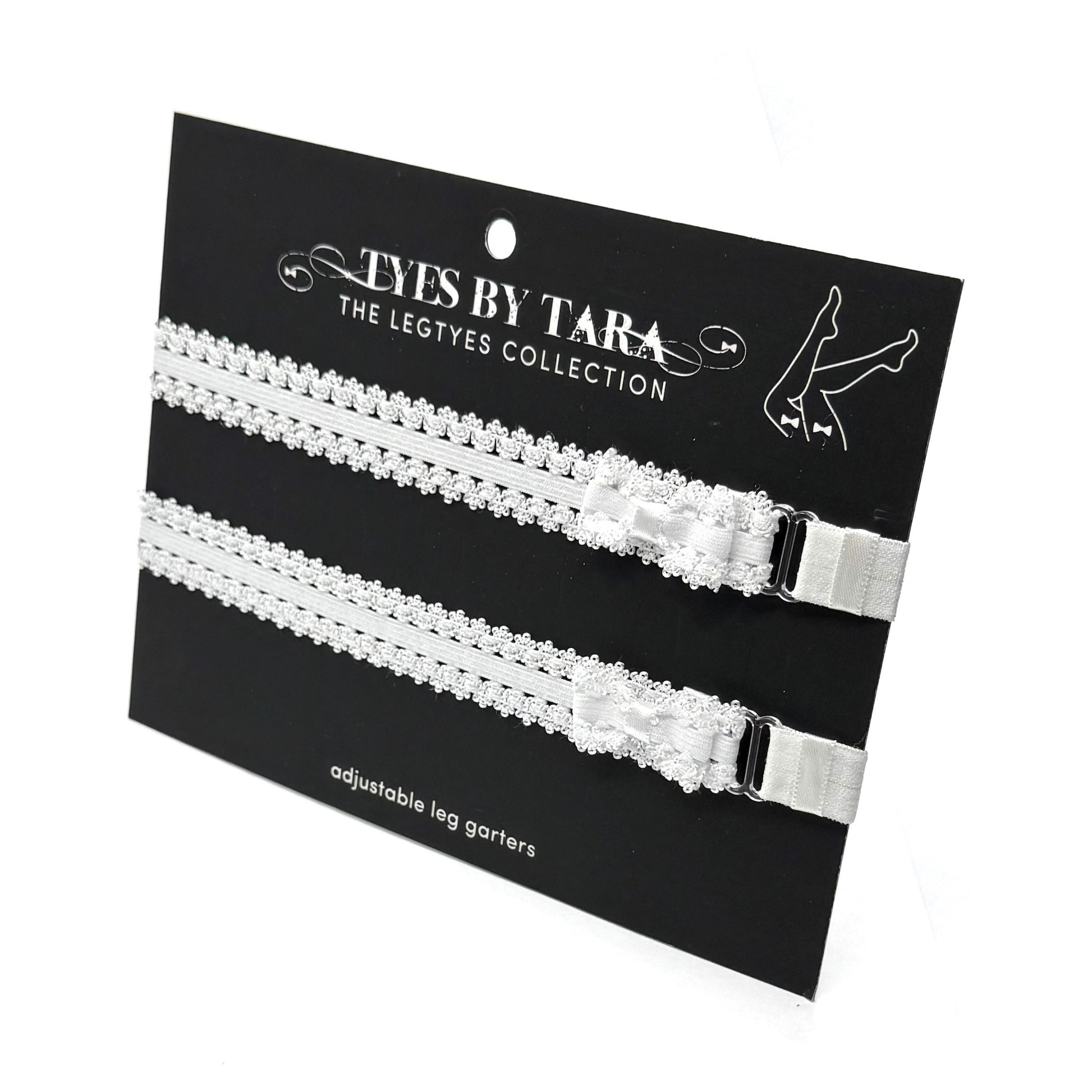 Lady White Bow Leg Garters on Black Card