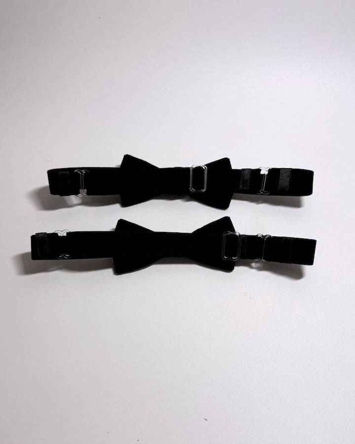 Black Velvet Bow Leg Garters showing adjustable straps