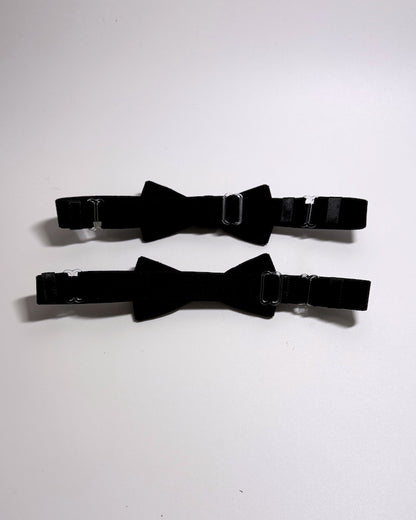 Black Velvet Bow Leg Garters showing adjustable straps
