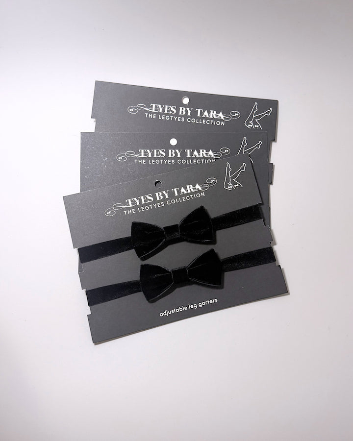 Black Velvet Bow Leg Garters on Black Cards shown as a 3 pack