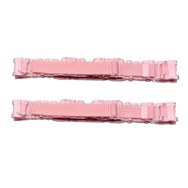 Back View Maiden Ruffled Pink Leg Garters showing adjustable straps