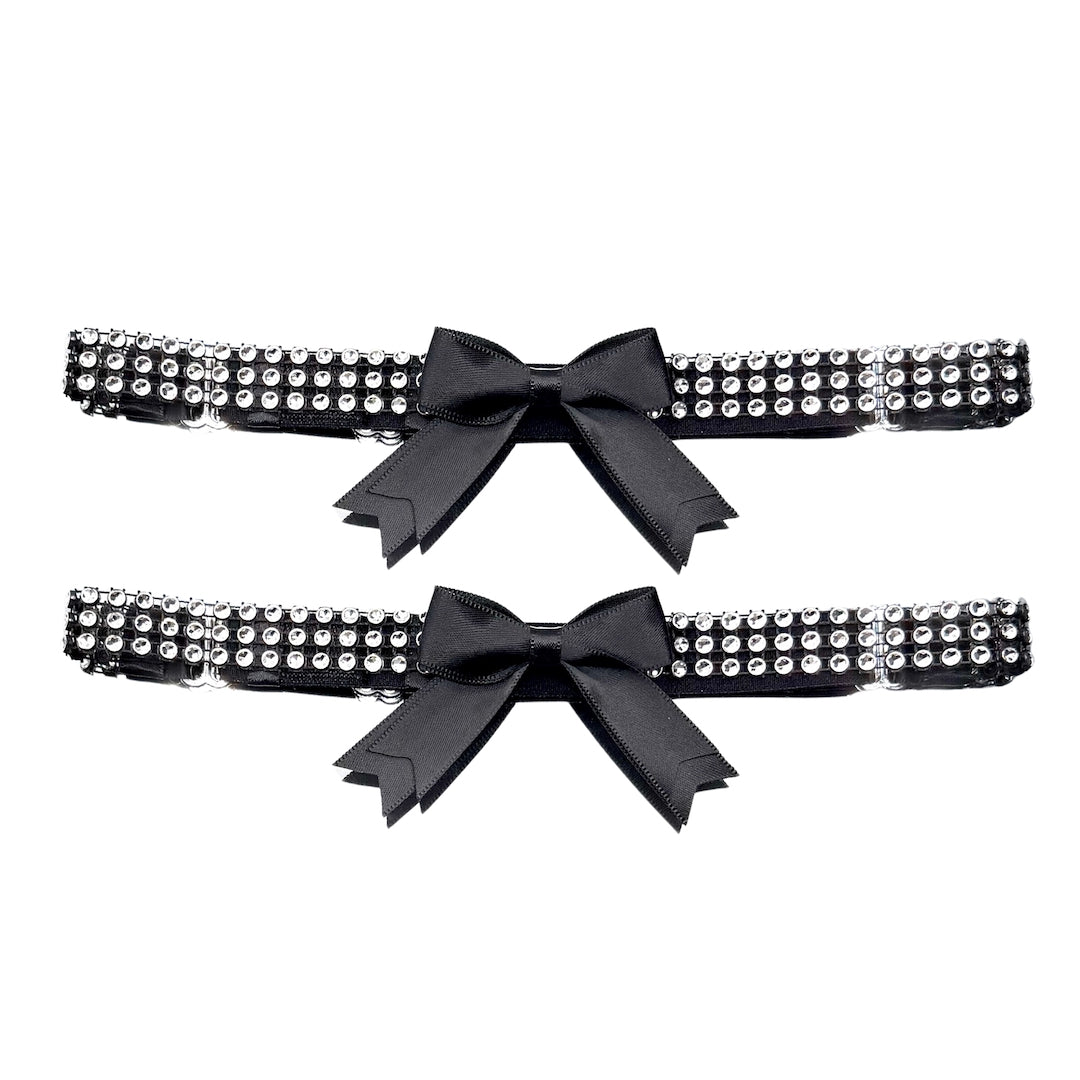 Princesa Black Bow Leg Garters with Sparkly Rhinestone Mesh Band