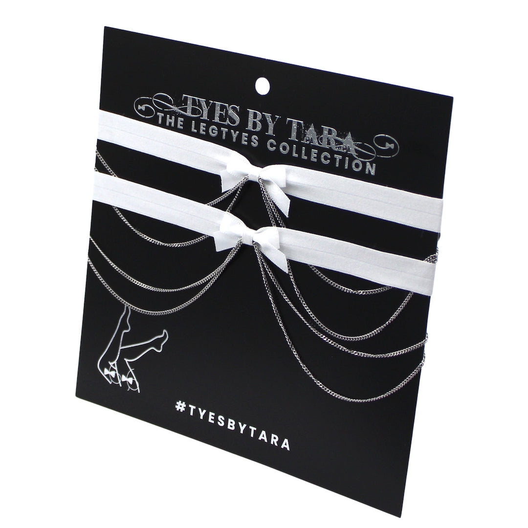 Vice White Bow Leg Garters with Silver Chain on Black Card