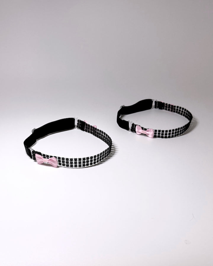 Sparkly Black Rhinestone Mesh Leg Garters with Pink Bows with adjustable strap