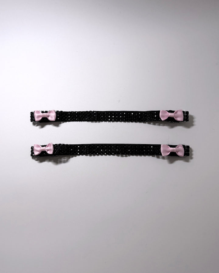 Sparkly Black Rhinestone Mesh Leg Garters with Pink Bows 