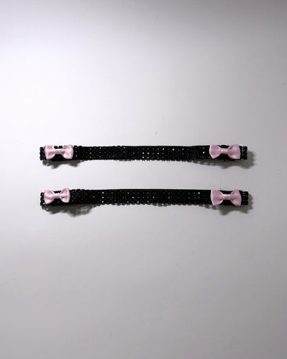 Sparkly Black Rhinestone Mesh Leg Garters with Pink Bows 