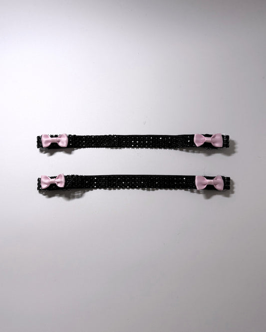 Sparkly Black Rhinestone Mesh Leg Garters with Pink Bows 