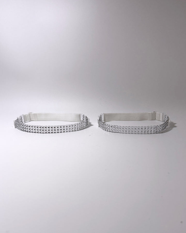The Vixen white silver rhinestone mesh leg garters displayed on a light gray background