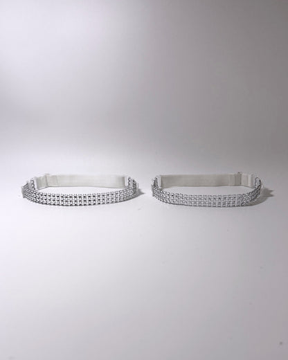 The Vixen white silver rhinestone mesh leg garters displayed on a light gray background