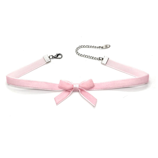 Marie Antoinette Pink Velvet Bow Choker on white background
