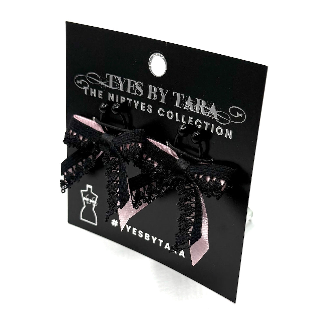 Belle Black Pink Bow Nipple Clamps on black packaging card