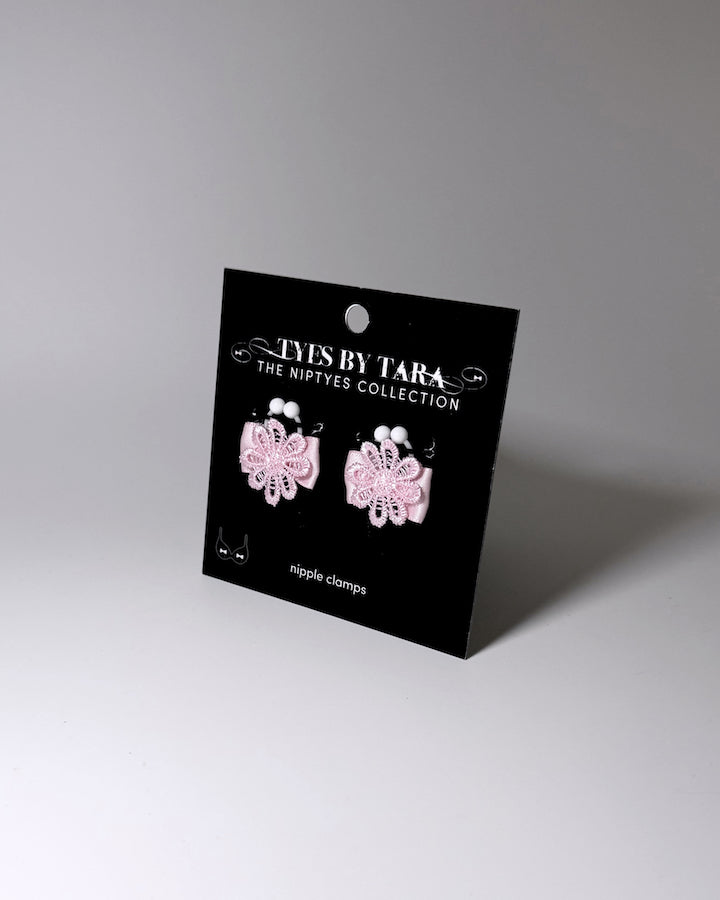 Blossom Pink Flower Nipple Clamps Jewelry on black card