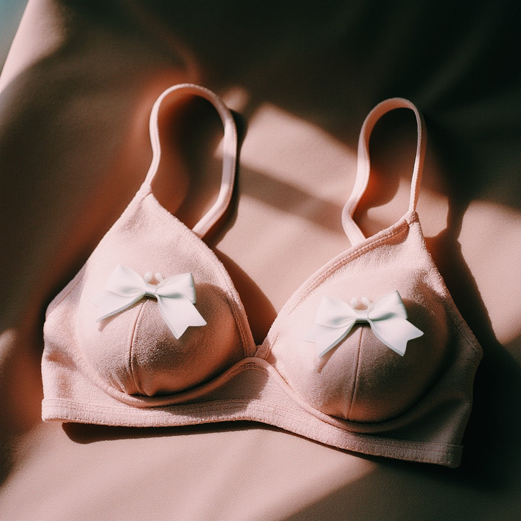 White Bow Nipple Jewelry on Pink Bra