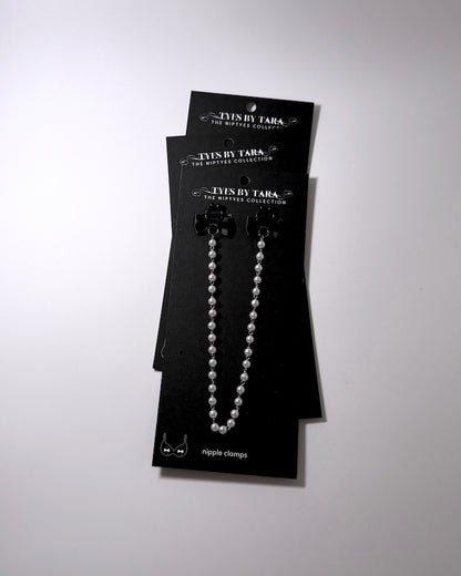 Centerfold Pearl Black Bow Nipple Clamps showing the three pack