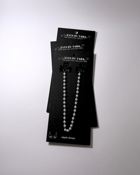 Centerfold Pearl Black Bow Nipple Clamps showing the three pack