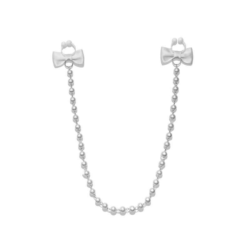 Centerfold White Bow Pearl Nipple Clamps Necklace