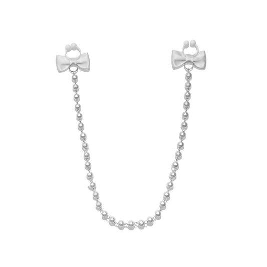 Centerfold White Bow Pearl Nipple Clamps Necklace