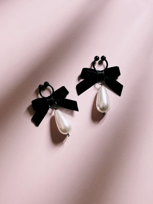 Marie Antoinette Black Velvet Bow Nipple Jewelry with Teardrop Pearls 