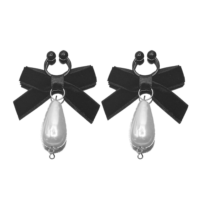 Marie Antoinette Black Bow Nipple Clamps with teardrop pearls