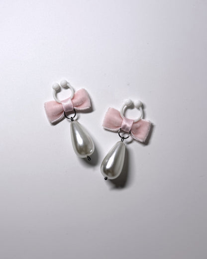 Madam Pink Velvet Pearl Nipple Clamps displayed on light gray background