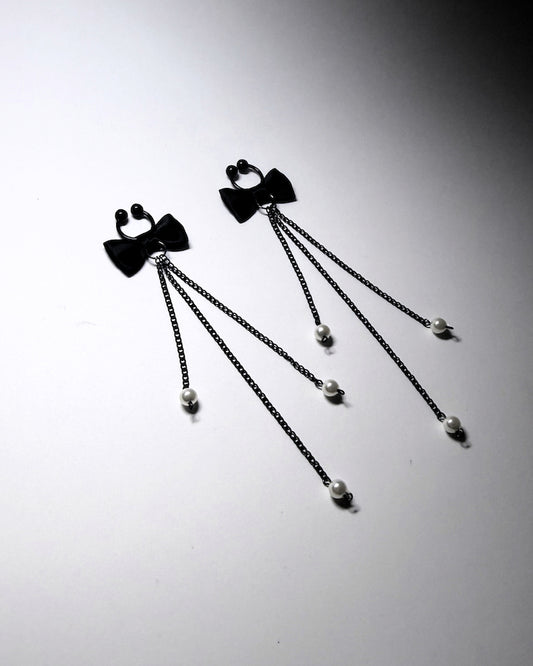 Pearl Nipple Ties with Black Bows and Pearl Faux Details