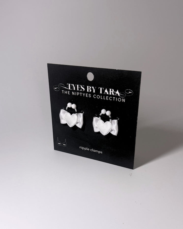 Sweetheart White Heart Nipple Clamps on Black Card