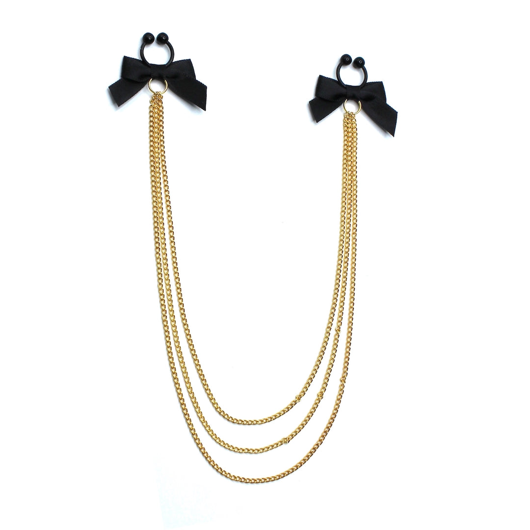 Vice Black Bow Gold Chain Nipple Clamp Necklace