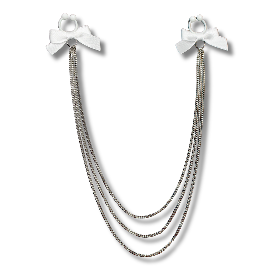 White Bow Nipple Clamp Necklace with Silver Chain