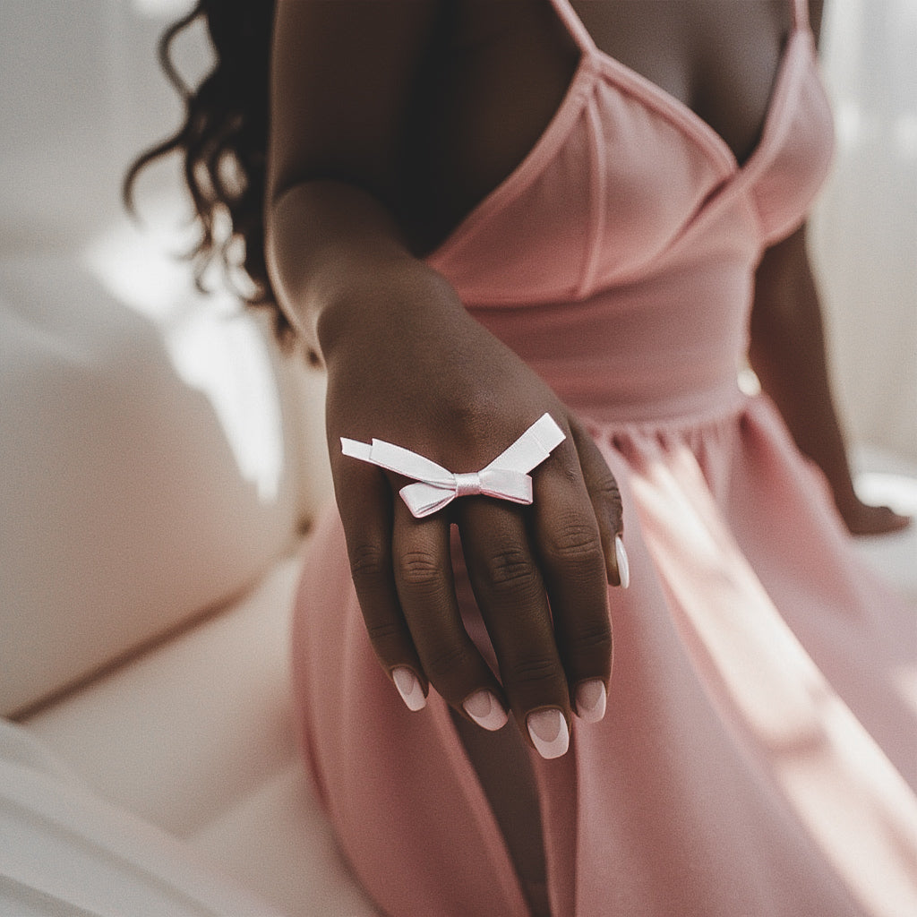 Doll Pink Bow Ring on Model in Pink Dress