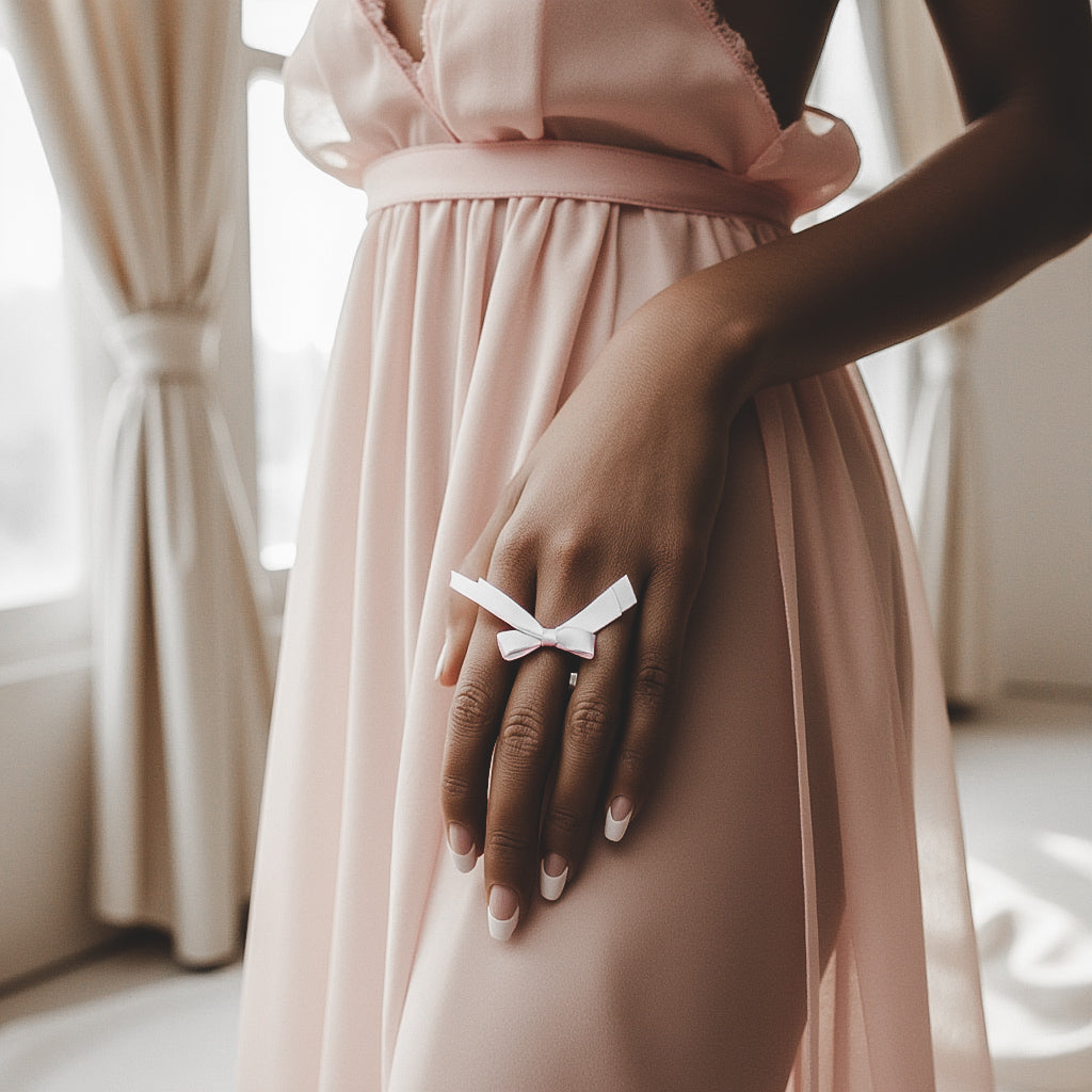 Doll Pink Bow Ring on Model in pink dress and manicured nails